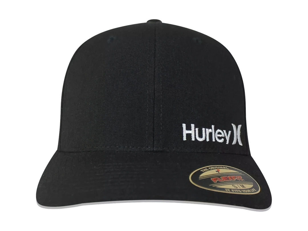 Gorra negra de la marca Hurley con logotipo blanco frontal y visera.