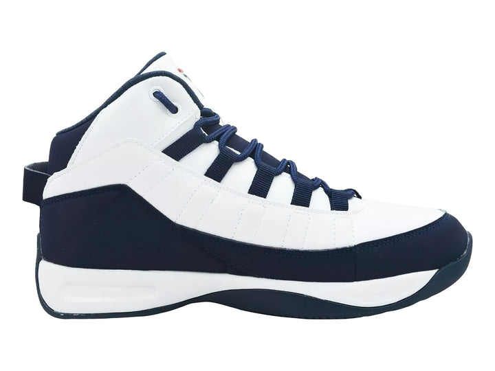 Tenis de baloncesto FILA Eight-Five Viz en colores blanco y azul marino con detalles en rojo.