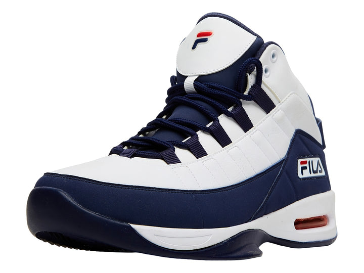 Tenis de baloncesto FILA Eight-Five Viz en colores blanco y azul marino con detalles en rojo.