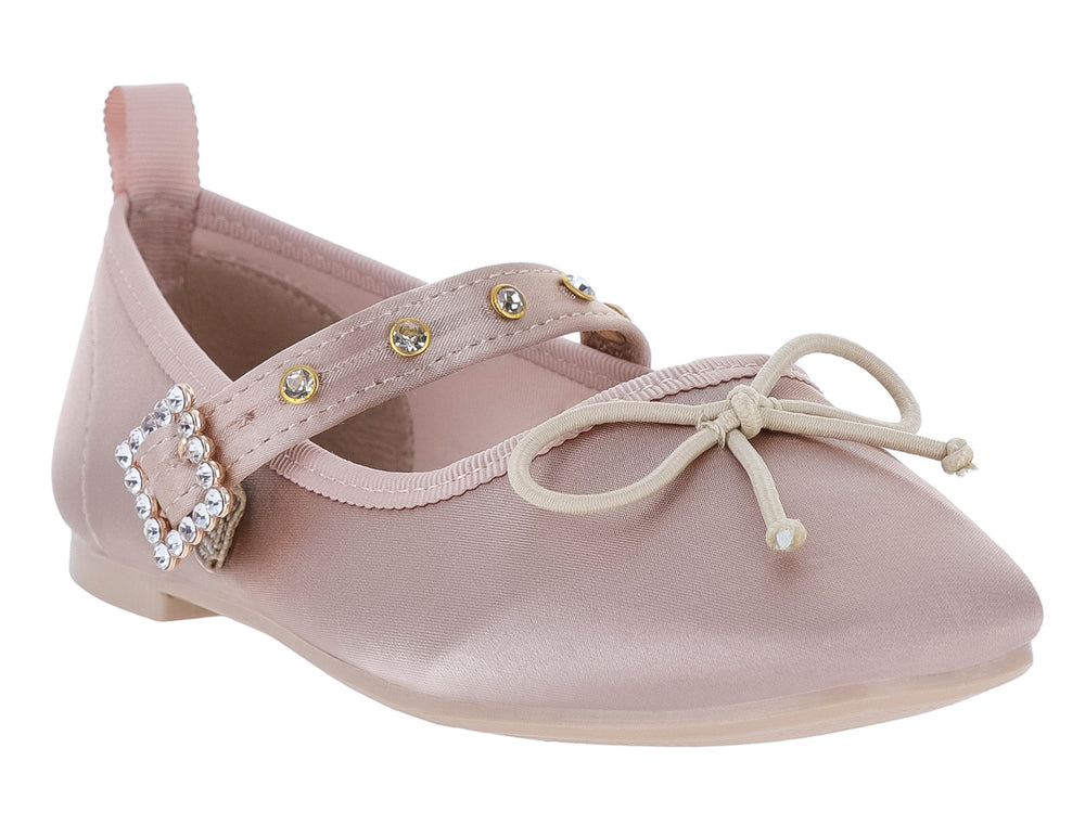 Zapato plano color beige satinado con hebilla decorativa y moño frontal para Niña.
