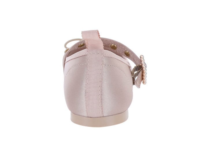 Zapato plano color beige satinado con hebilla decorativa y moño frontal para Niña.