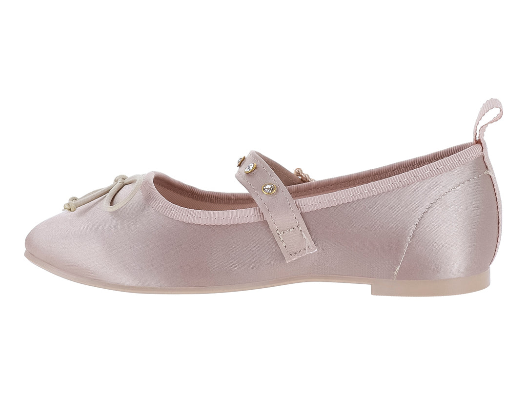 Zapato plano color beige satinado con hebilla decorativa y moño frontal para Niña.