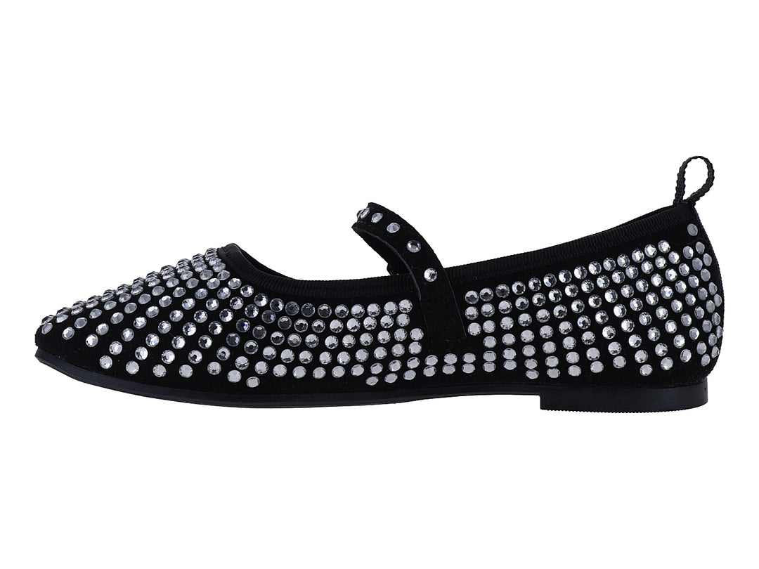 Zapato plano negro con pedrería brillante y correa con hebilla.