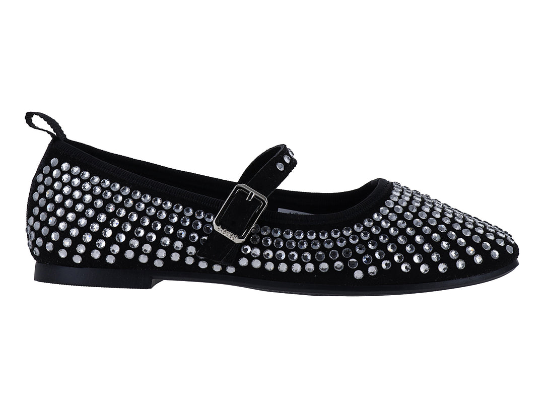 Zapato plano negro con incrustaciones de cristales brillantes y correa ajustable con hebilla.