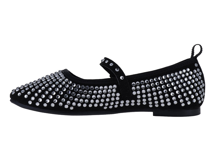 Zapato plano negro con incrustaciones de cristales brillantes y correa ajustable con hebilla.