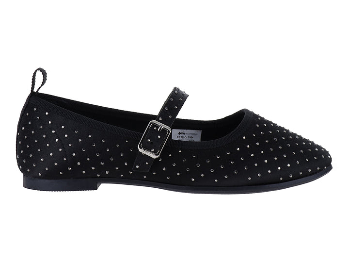 Zapato plano negro para niña con detalles de brillos plateados y correa con hebilla.
