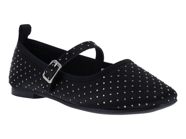 Zapato plano negro con correa, hebilla plateada y pequeños brillantes decorativos.