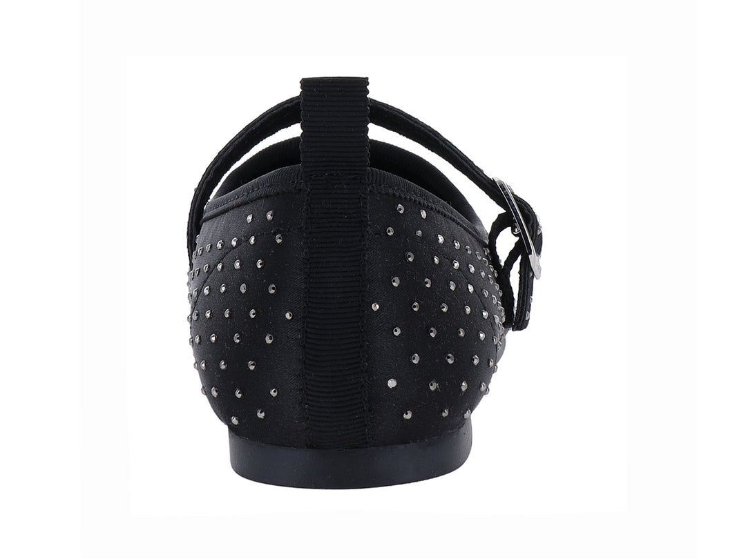 Zapato plano negro con correa, hebilla plateada y pequeños brillantes decorativos.