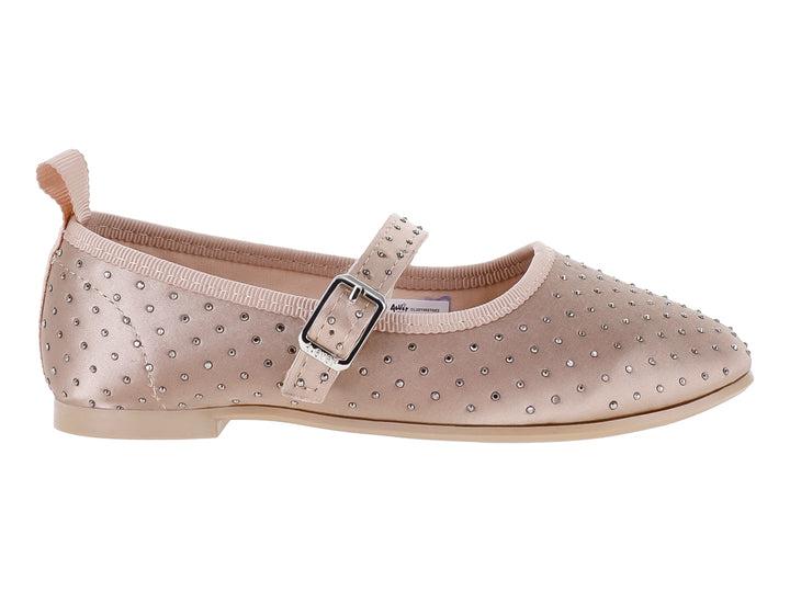 Zapato plano color beige con pedrería y correa con hebilla para Niña.