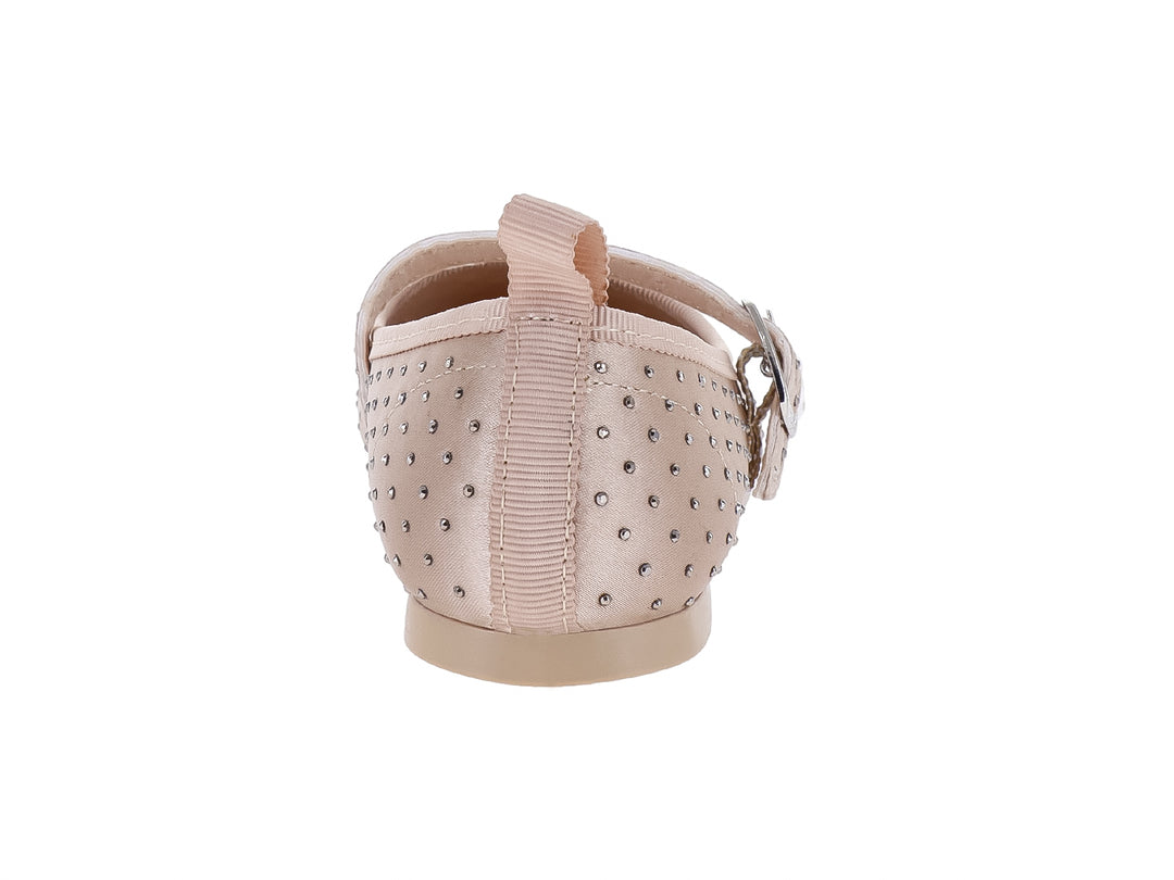 Zapato plano color beige con pedrería y correa con hebilla para Niña.