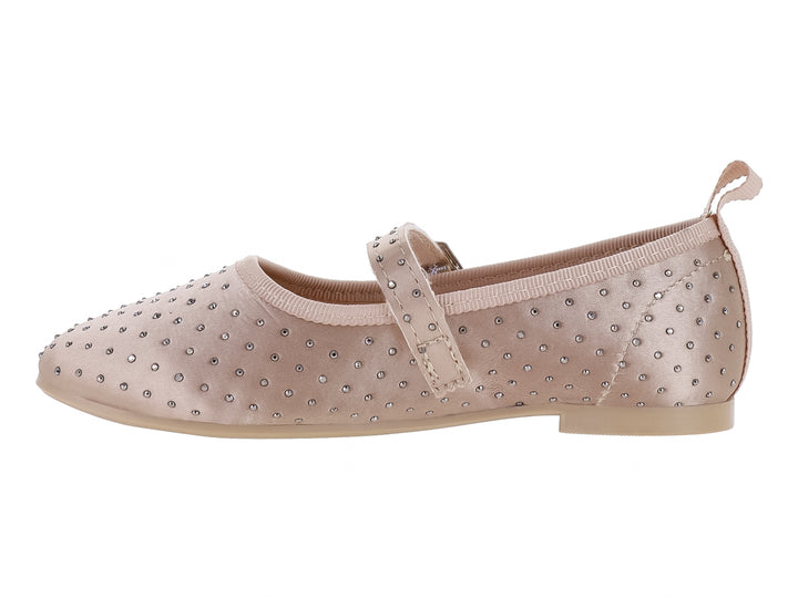 Zapato plano color beige con pedrería y correa con hebilla para Niña.