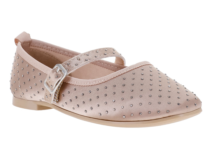 Zapato plano color beige con detalles de pedrería plateada y correa con hebilla para niña.