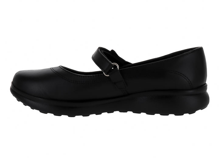 Zapato negro para niña estilo Mary Jane con correa y suela dentada.