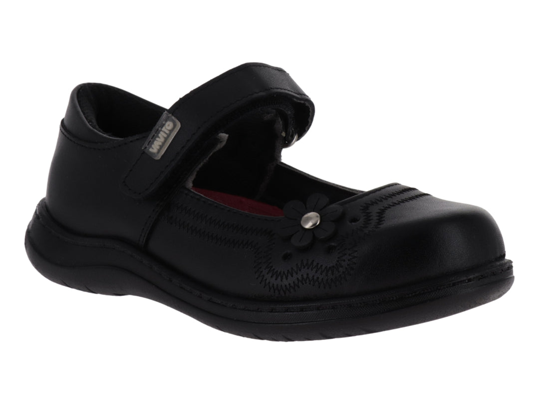 Zapato negro para niña estilo Mary Jane con correa y detalle de flor en la punta.