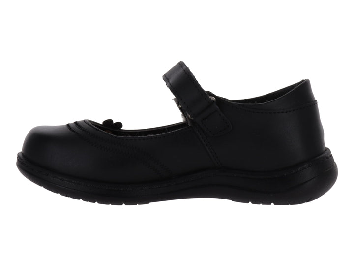 Zapato negro para niña estilo Mary Jane con correa y detalle de flor en la punta.