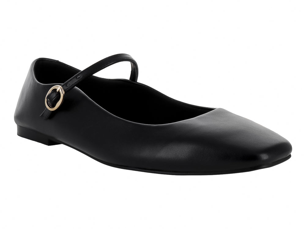 Zapato plano color negro con correa y hebilla dorada, estilo Mary Jane.