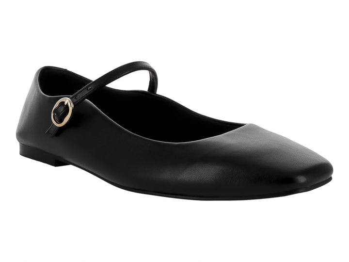 Zapato plano color negro con correa y hebilla dorada, estilo Mary Jane.