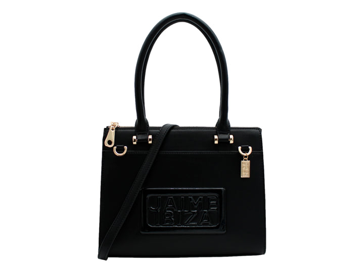 Bolso satchel negro de Jaime Ibiza con asa superior, correa larga y detalles metálicos en color dorado.