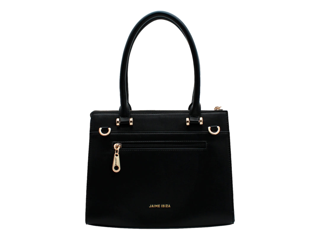 Bolso satchel negro de Jaime Ibiza con asa superior, correa larga y detalles metálicos en color dorado.