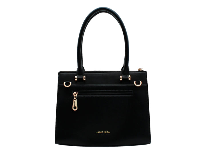 Bolso satchel negro de Jaime Ibiza con asa superior, correa larga y detalles metálicos en color dorado.