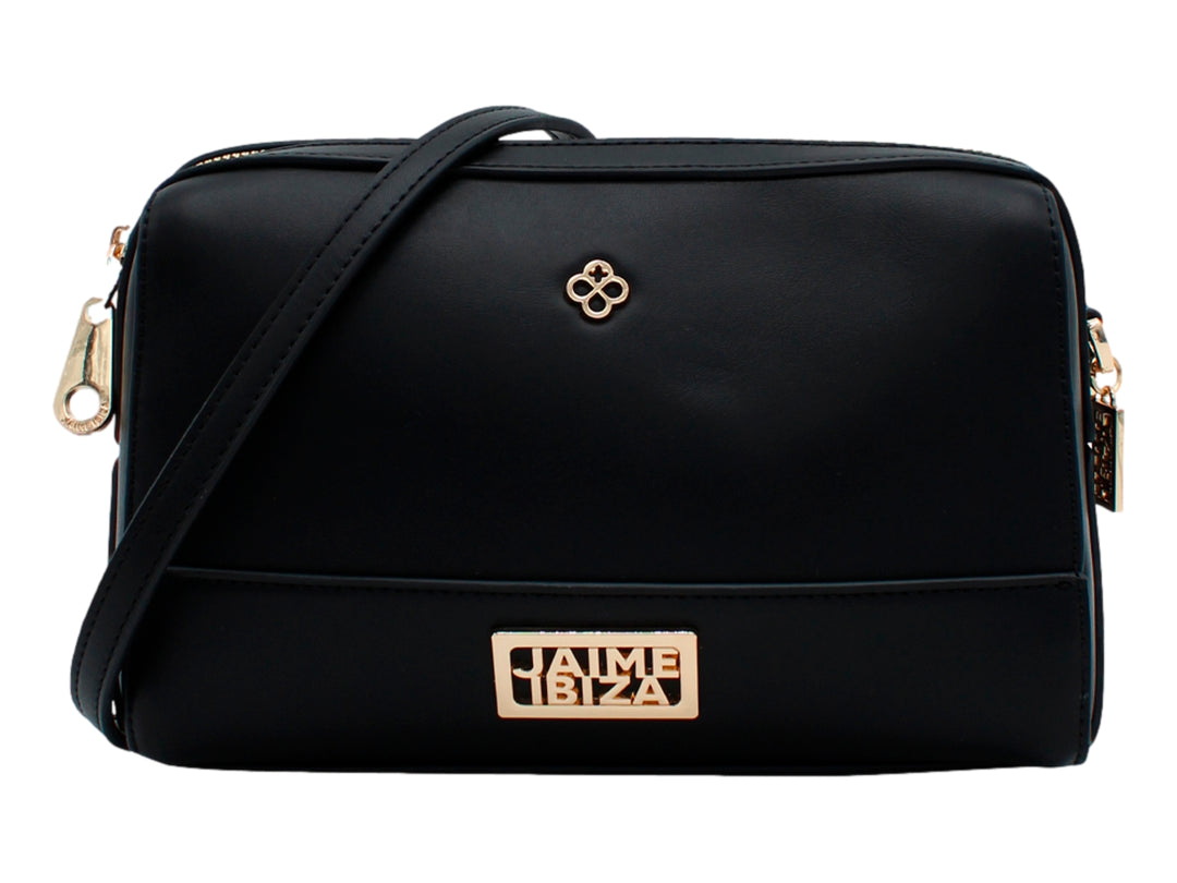 Bolso cross body color negro de la marca Jaime Ibiza con detalles y logotipo en metal dorado.