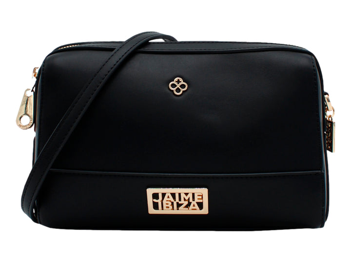 Bolso cross body color negro de la marca Jaime Ibiza con detalles y logotipo en metal dorado.