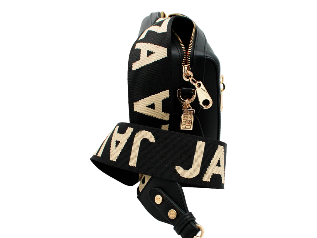 Bolso cross body color negro de la marca Jaime Ibiza con detalles y logotipo en metal dorado.