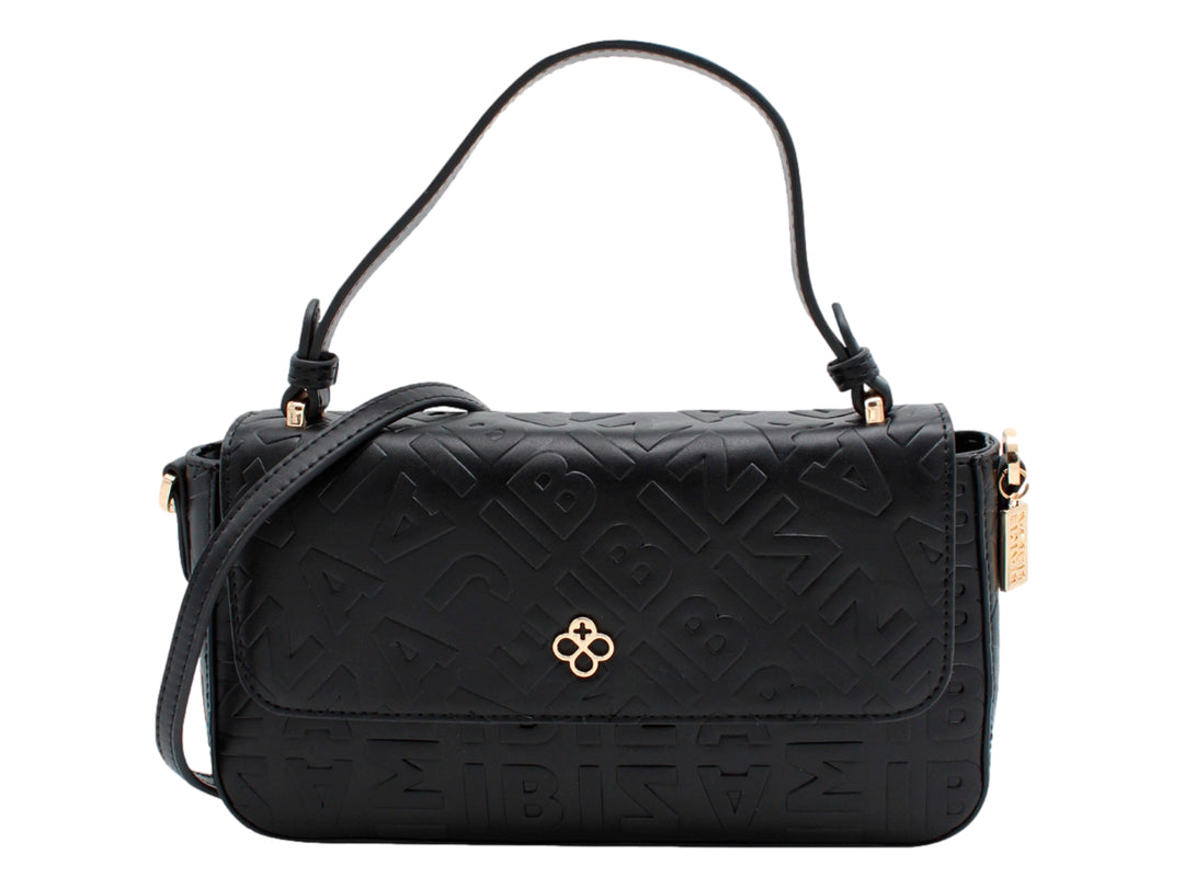 Bolso cross body negro de Jaime Ibiza con textura grabada, asa corta y detalles metálicos en color dorado.
