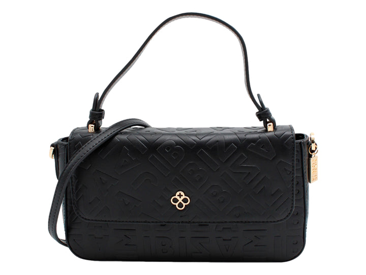 Bolso cross body negro de Jaime Ibiza con textura grabada, asa corta y detalles metálicos en color dorado.