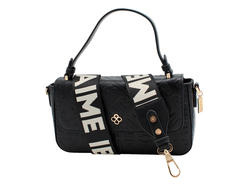 Bolso cross body negro de Jaime Ibiza con textura grabada, asa corta y detalles metálicos en color dorado.