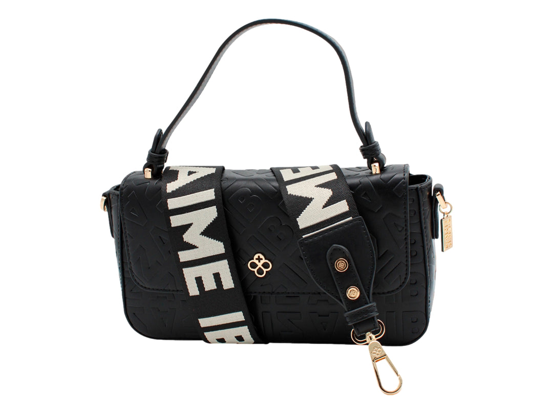 Bolso cross body negro de Jaime Ibiza con textura grabada, asa corta y detalles metálicos en color dorado.