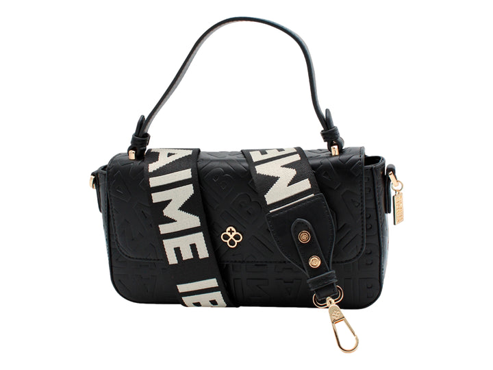 Bolso cross body negro de Jaime Ibiza con textura grabada, asa corta y detalles metálicos en color dorado.