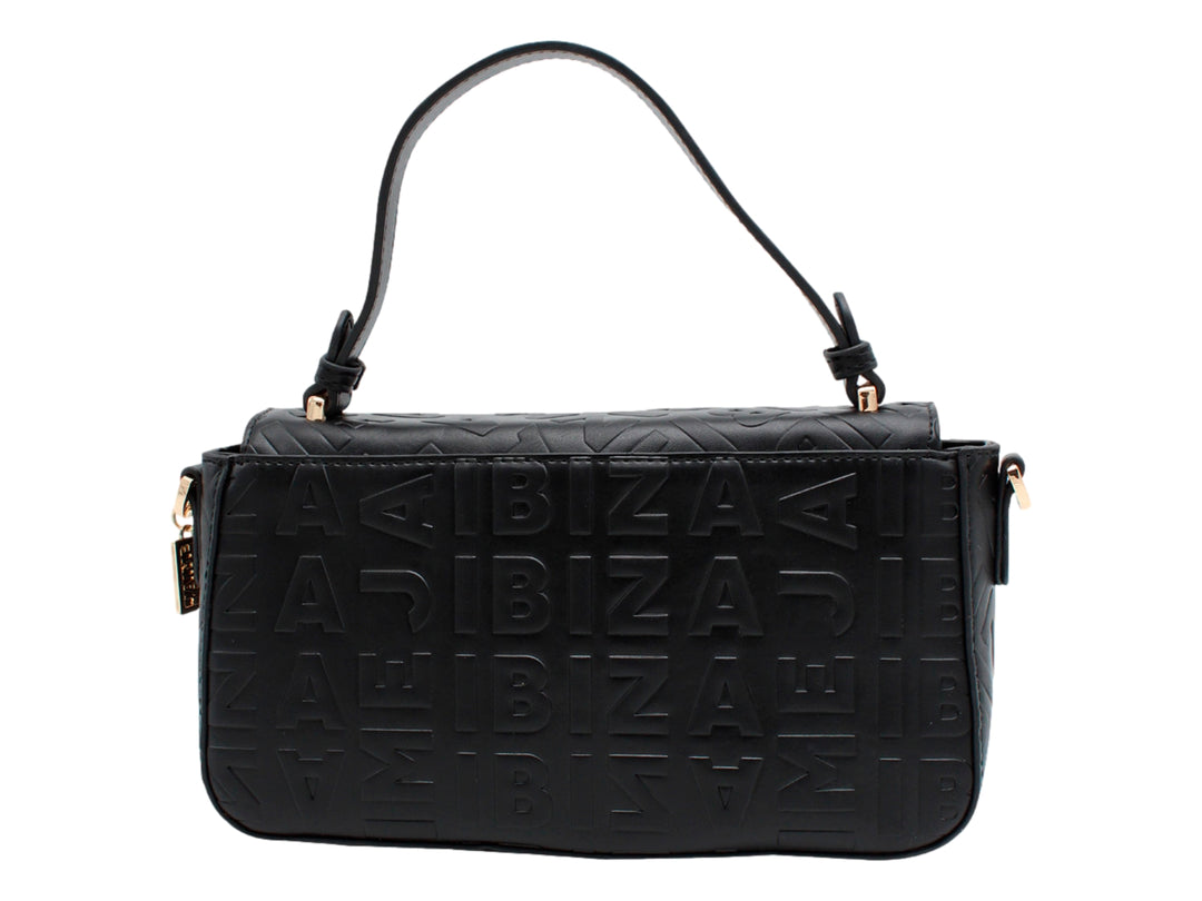 Bolso cross body negro de Jaime Ibiza con textura grabada, asa corta y detalles metálicos en color dorado.
