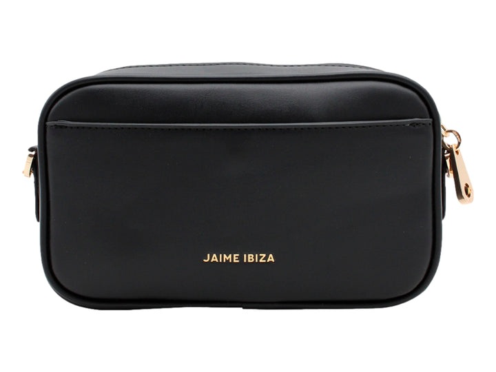 Bolso bandolera color negro con detalles metálicos dorados y correa ajustable.