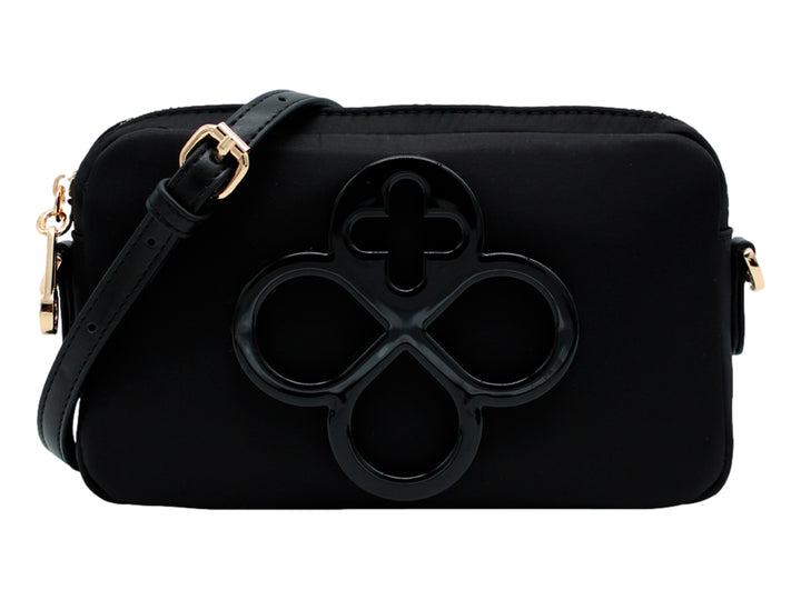 Bolso crossbody negro de Jaime Ibiza con emblema frontal decorativo y herrajes dorados.