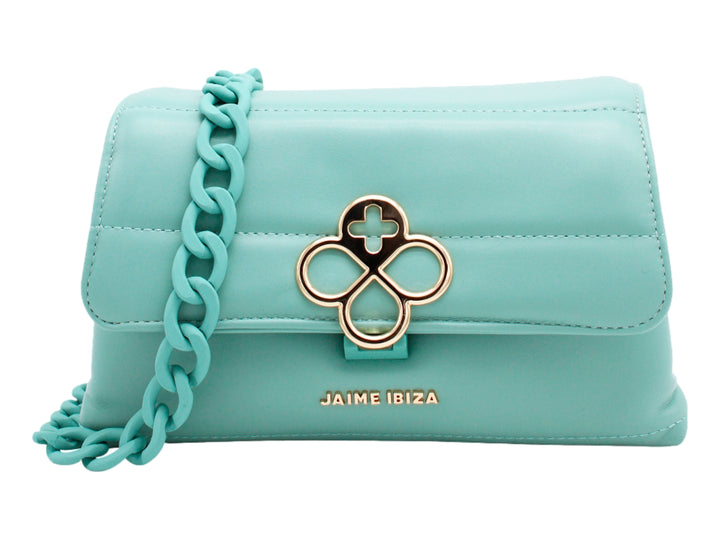 Bolso cross body color aqua de Jaime Ibiza con cadena gruesa a juego y herraje dorado frontal.