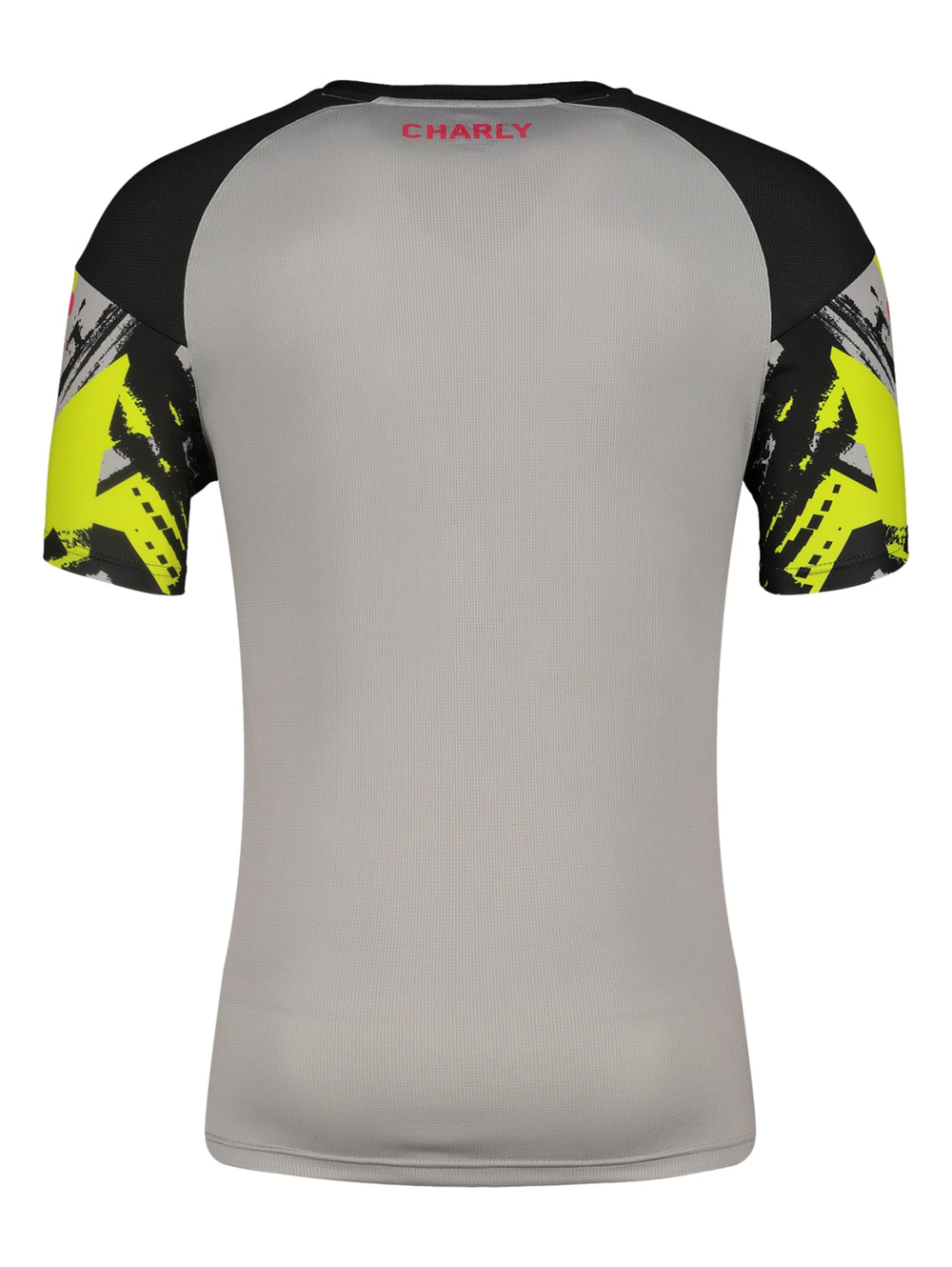 Playera deportiva Charly color gris y negro con patrones gráficos en amarillo neón.
