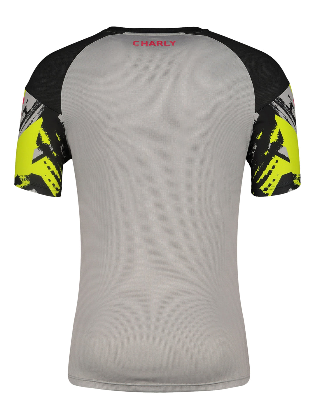 Playera deportiva Charly color gris y negro con patrones gráficos en amarillo neón.