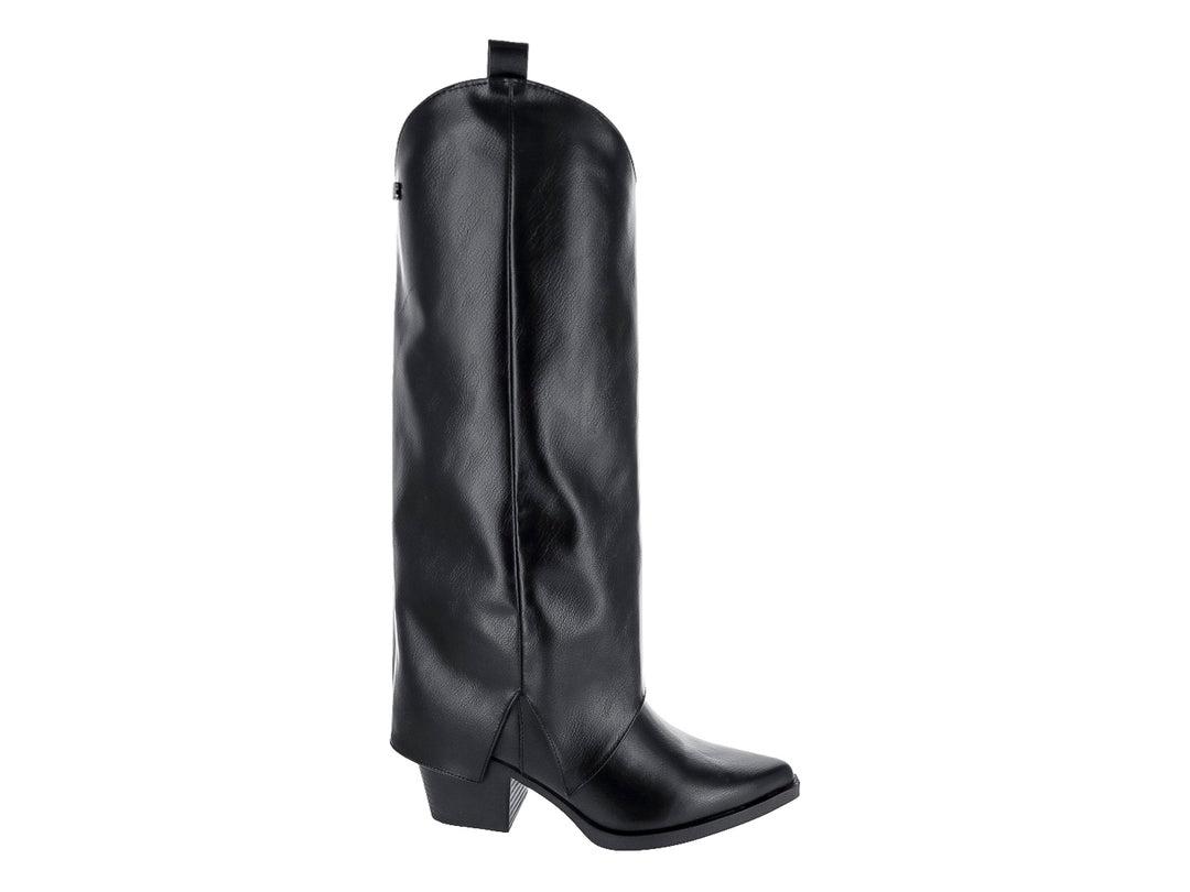 Bota alta de color negro con tacón bajo y estilo western.