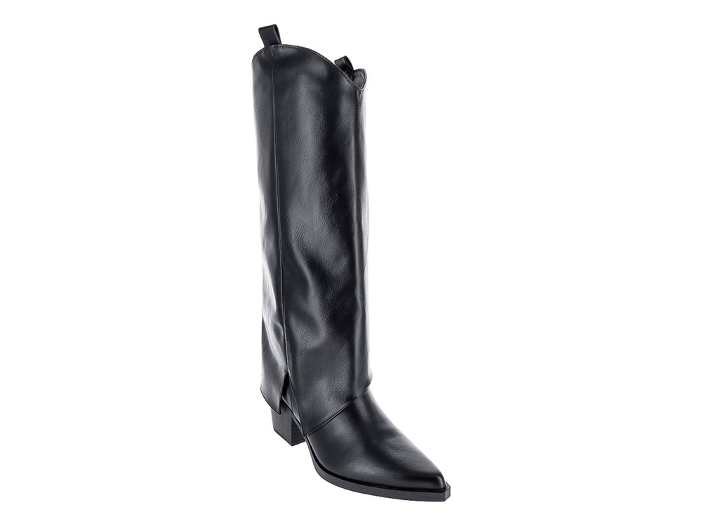 Bota alta de color negro con tacón bajo y estilo western.