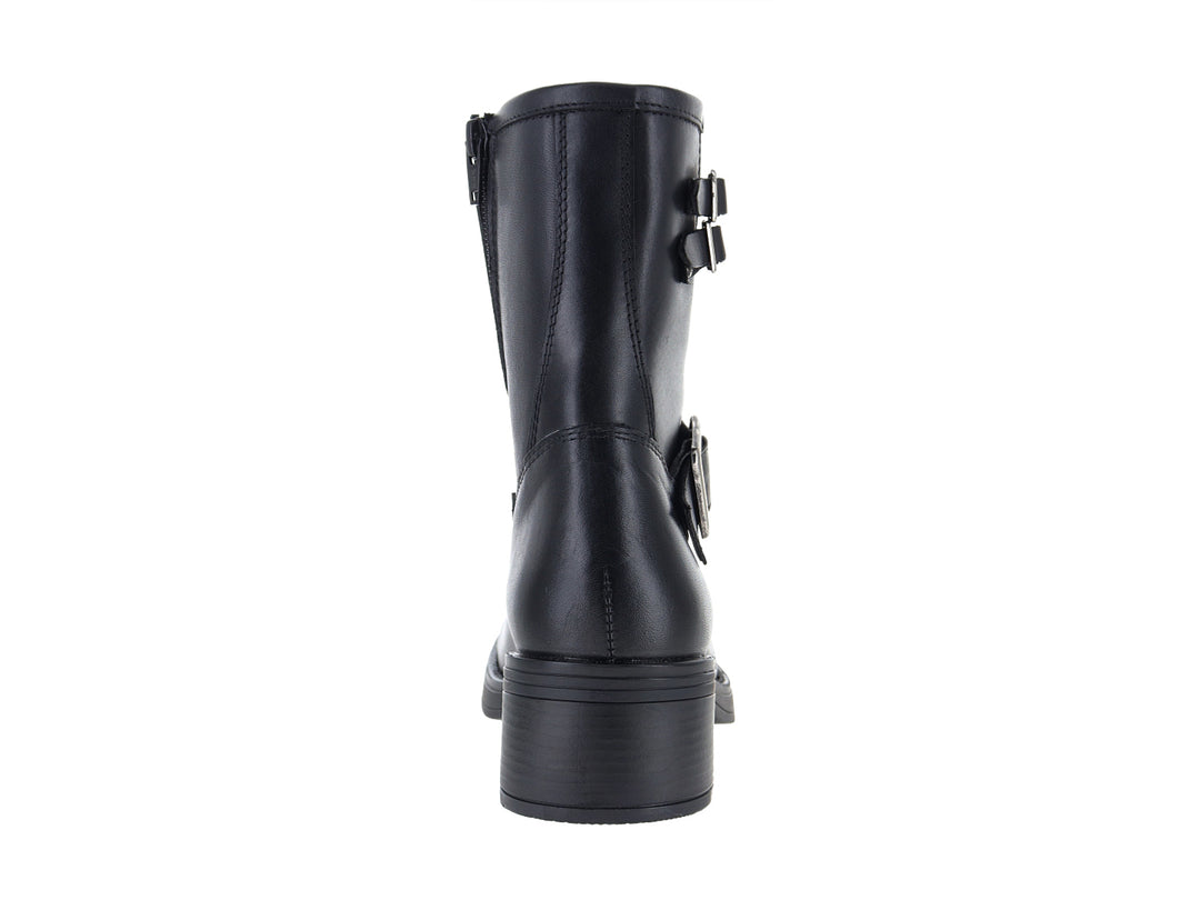 Bota negra para Mujer con tacón cuadrado y tres hebillas plateadas decorativas.