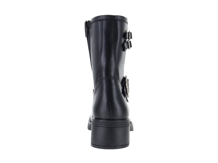 Bota negra para Mujer con tacón cuadrado y tres hebillas plateadas decorativas.