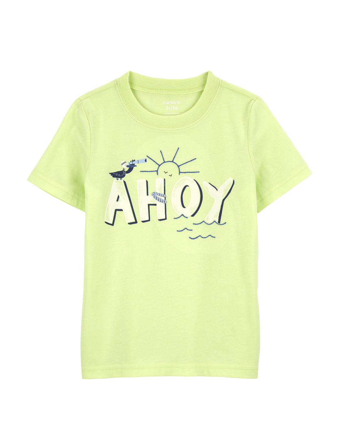 Playera verde lima para niño con estampado náutico y la palabra AHOY en el centro.