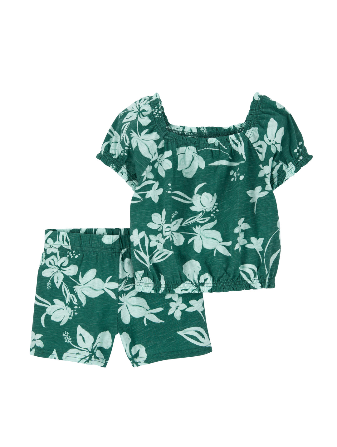 Conjunto de blusa y short para niña en color verde con estampado floral.