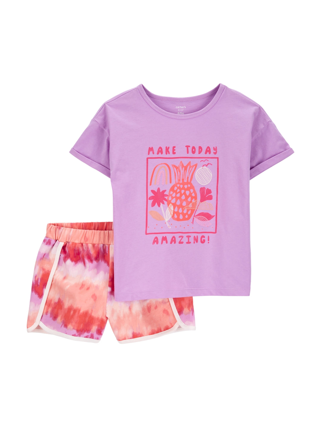 Conjunto de ropa para niña con camiseta morada estampada y short rosa con efecto tie-dye y bordes blancos.