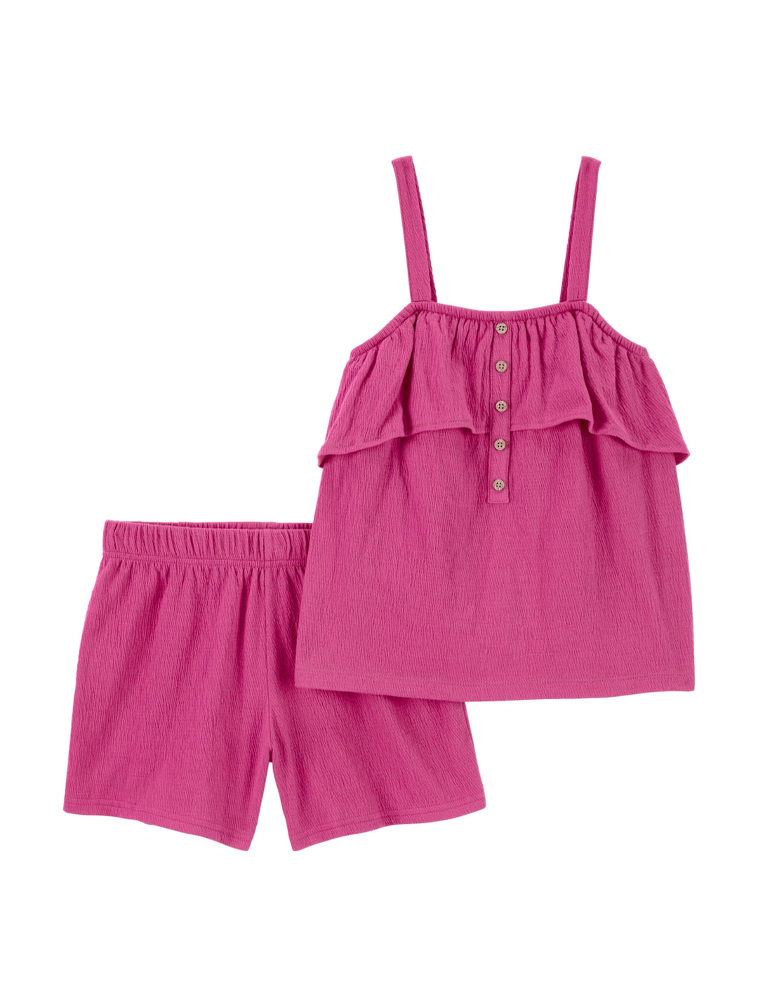 Conjunto de ropa para niña color rosa compuesto por blusa sin mangas con botones y short a juego.