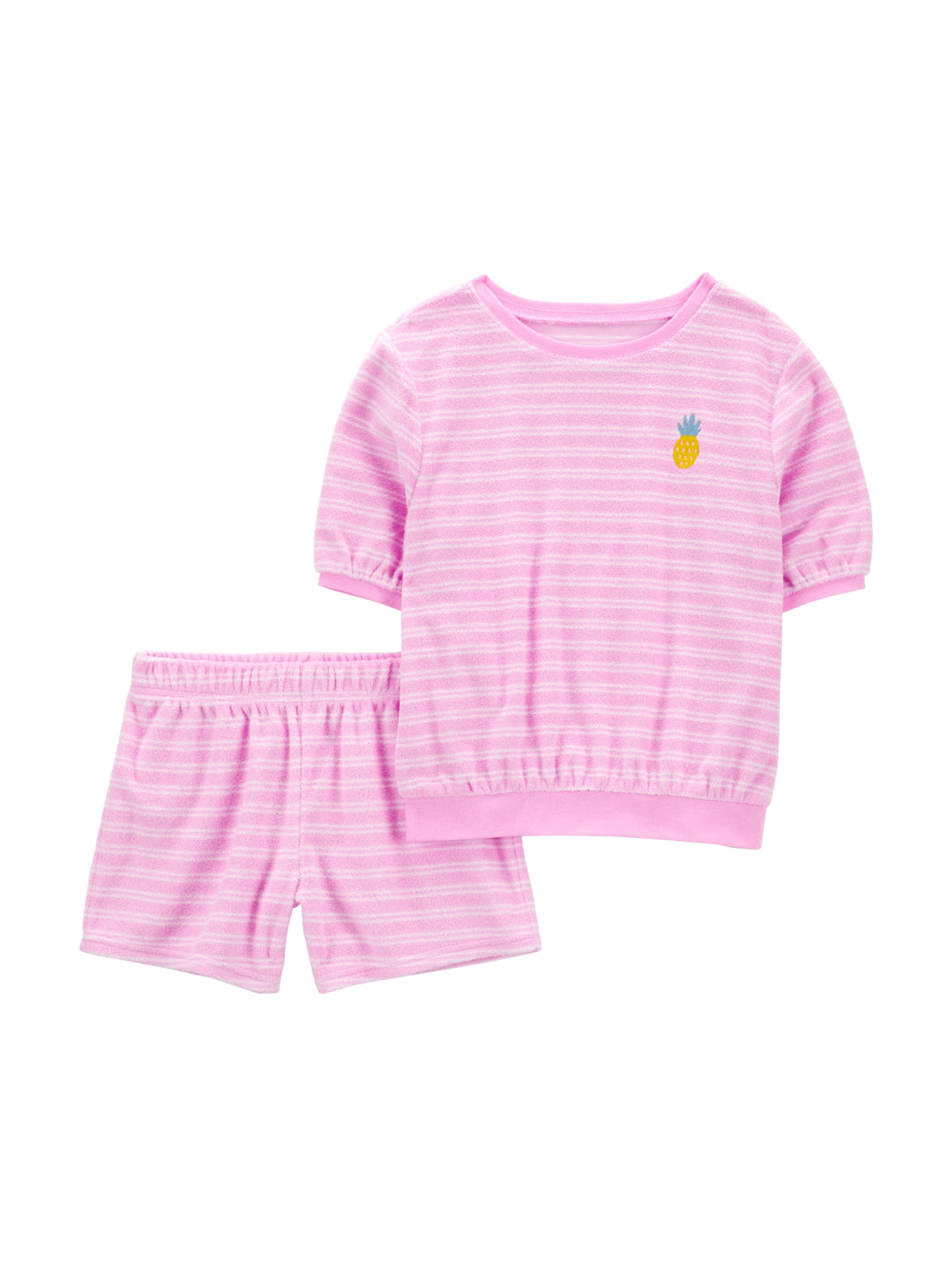 Conjunto de camiseta y short para niña en color rosa con rayas horizontales y detalle de piña.