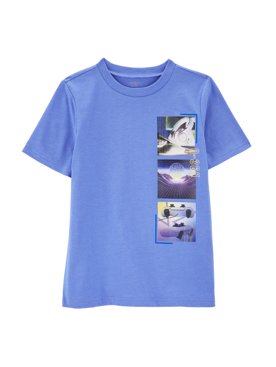 Playera azul de manga corta para Niño con estampado gráfico abstracto en el frente.