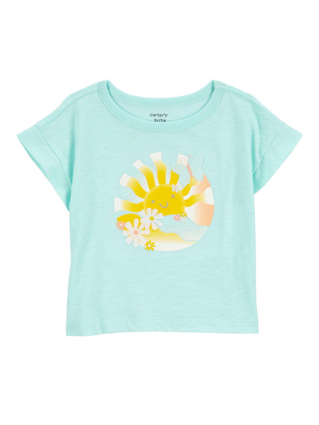 Playera azul claro para niño o niña con estampado de un sol y flores en el centro.