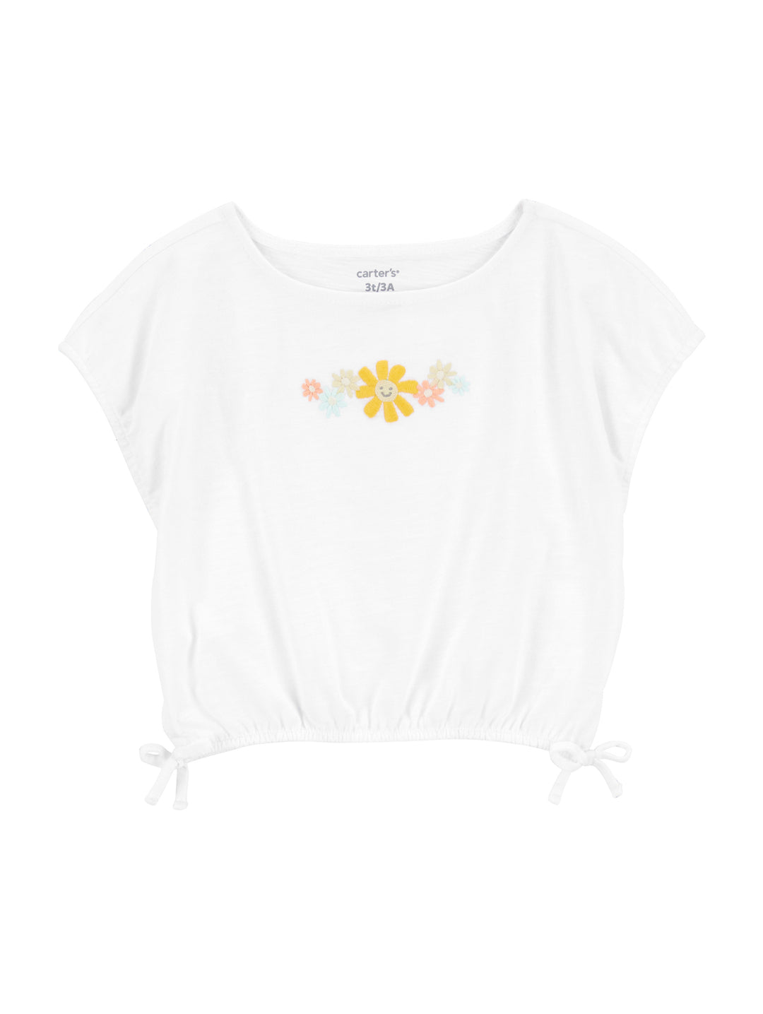 Camiseta blanca para Niña con estampado de flores y cintura ajustable con cordones.